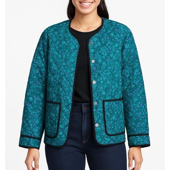 Carlisle Collection Blue Floral Snap Front Collared Silk Quilted Jacket Size 12 - Picture 2 of 9